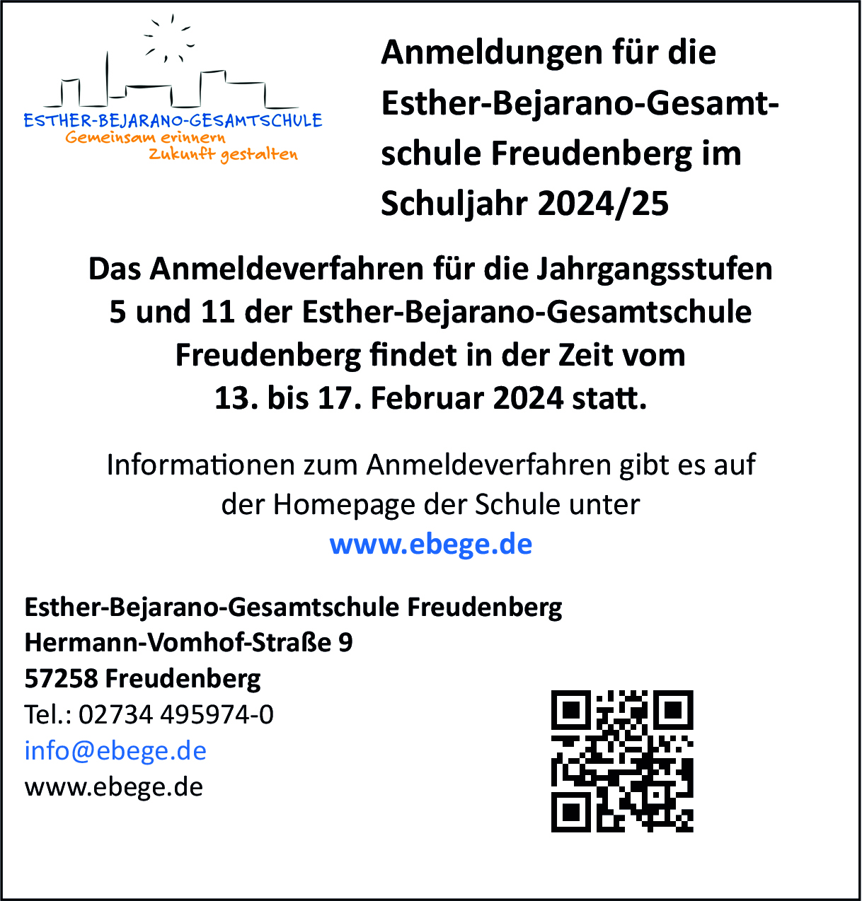 Anmeldungen für die Esther-Bejarano-Gesamtschule Freudenberg im Schuljahr 2024/25